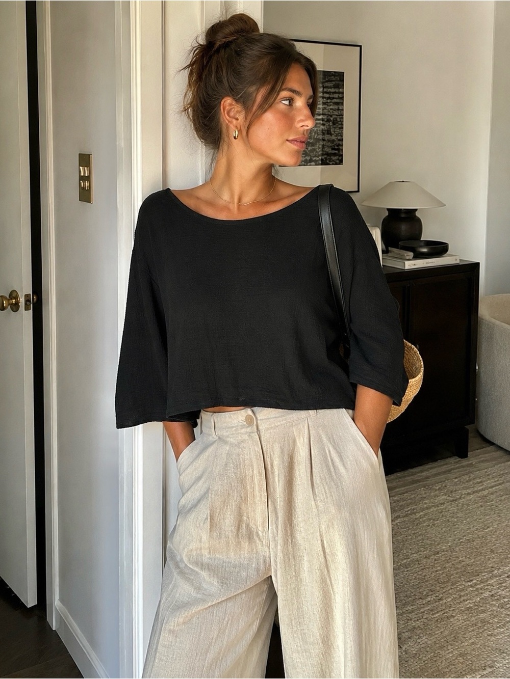 M Made in Italy Black 100% Cotton Dolman Boxy Crop Top M Minimalist Quiet Luxury